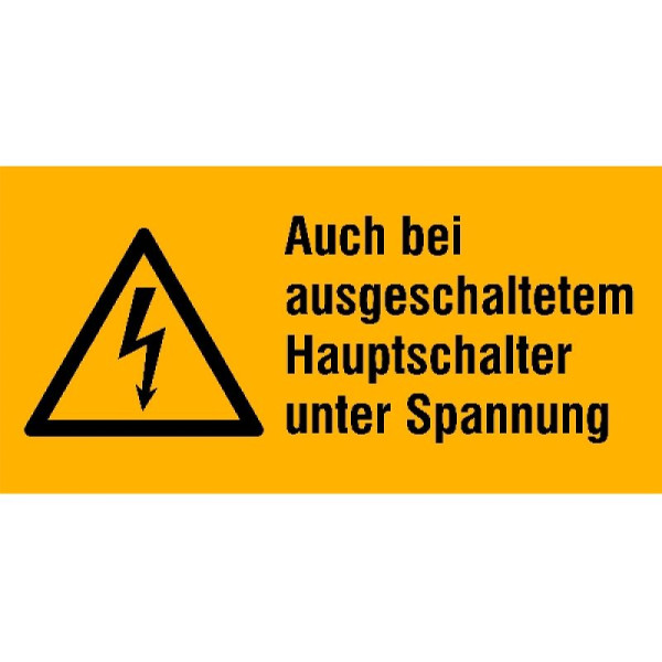 Stein HGS Elektrokennzeichnung/Warnkombischild, Auch bei ausgeschaltetem Hauptschalter unter Spannung, 32 x 16 mm / 30er-Bogen, 30.1387