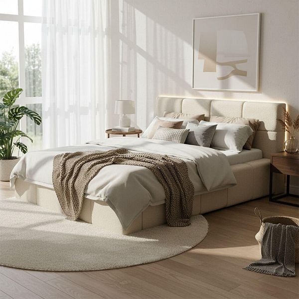 HOME DELUXE LED Bett aus Teddy-Stoff inkl. Stauraum GALA - Beige, 140 x 200 cm inkl. Matratze, 74380