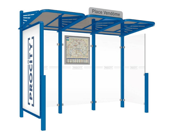 Procity Wartehalle Convi® - Standard - 1 Doppelseitiger Schaukasten "2000" Links + 1 Seitenverkleidung Rechts, Farbe RAL 5010, 529386.5010