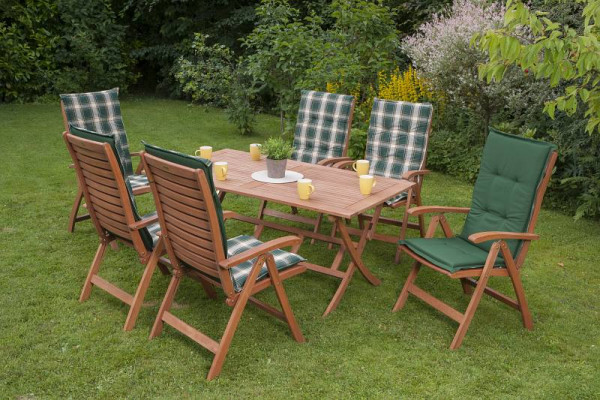 Merxx La Plata Set 13-teilig, 6 La Plata Klappsessel, Rückenlehne verstellbar, 6 Wendekissen, grün uni / grün kariert, 1 Klapptisch, 160 x 90 cm, 50031-100