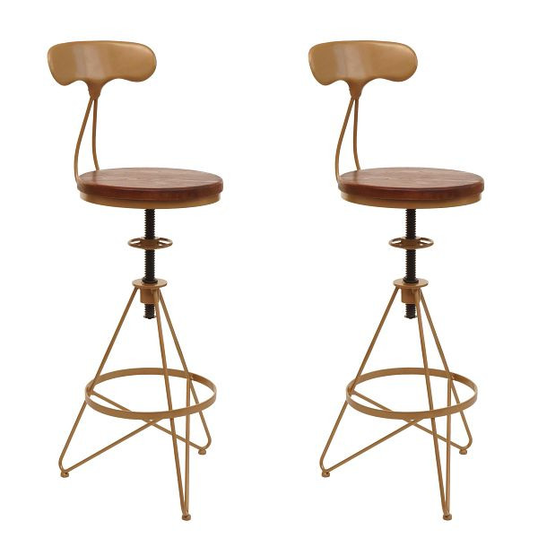 Mendler 2er-Set Barhocker HWC-N18, Barstuhl, höhenverstellbar drehbar Fußablage, Industrial Metall Holz, braun, Gestell gold, 105964