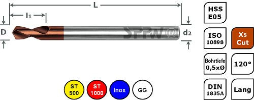 SPPW NC-Anbohrer HSS-E05+X5.Cut 120° ISO Lang L: 170x30 - Ø12,0, 1235871200