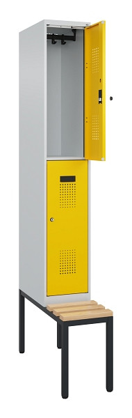 C+P Doppelstock-Spind Evolo PLUS, Bank, 2 Fächer, 2120x300x815mm, 7035/1023, Zylinderschloss, Sitzfläche Buche-Hartholz, Sitzbank, 0493507-10 S10028
