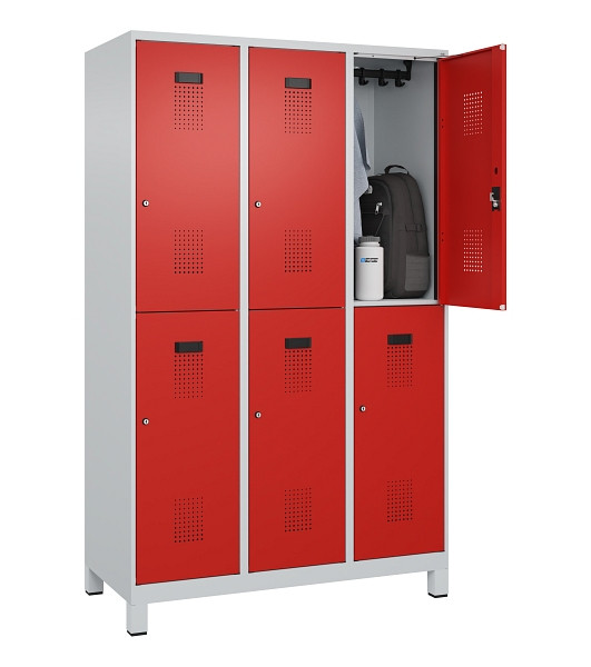 C+P Doppelstöckiger Spind Evolo PLUS, mit Füßen, 6 Fächer, 1950x1200x500mm, 703, Frontfarbe RAL 3020 Verkehrsrot, Zylinderschloss, 049310-32 S10032