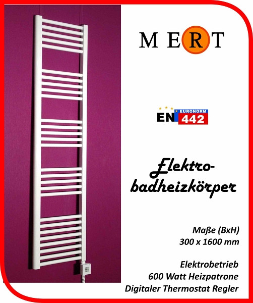 MERT Elektro-Badheizkörper weiß, gerade, 300 x 1600 mm, befüllt, E1-30x160-B