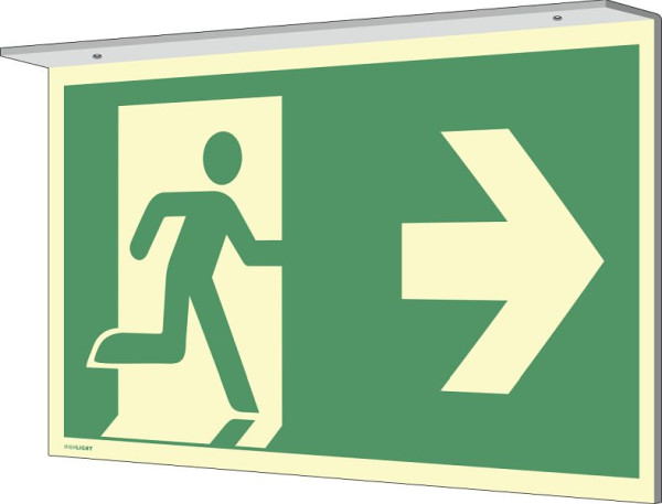 Moedel Fahnenschild Notausgang links/rechts, Deckenmontage, Aluminium nachleuchtend 160-mcd, 297x148mm, 104482