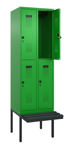 C+P Doppelstock-Spind Evolo PLUS, Bank, 4 Fächer, 2120x600x815mm, 6037/6037, Drehriegel, Sitzfläche Kunststoff, 0493407-20 S10107