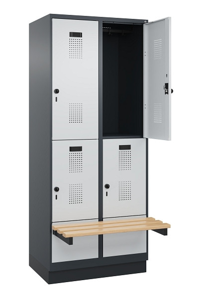 C+P Doppelstock-Spind Evolo PLUS, Bank, 4 Fächer, 1950x800x815mm, 7016/7035, Drehriegel, Sitzfläche Buche-Hartholz, mit Sockel, 049340-22 S10017