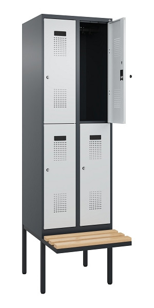 C+P Doppelstock-Spind Evolo PLUS, Bank, 4 Fächer, 2120x600x815mm, 7016/7035, Zylinderschloss, Sitzfläche Buche-Hartholz, 0493407-20 S10044
