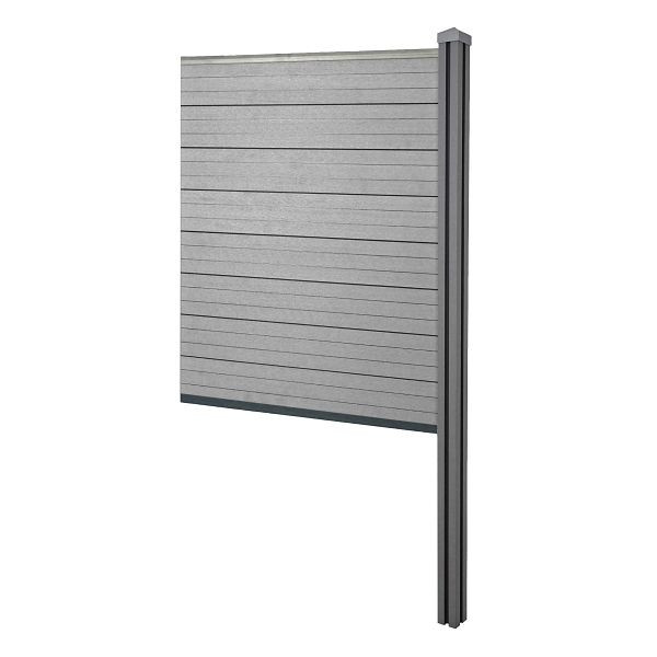 Mendler WPC-Sichtschutz Sarthe, Zaun Windschutz, WPC-Pfosten zum Einbetonieren, Erweiterungselement schmal, 98cm grau, 64890+76237+76240+76261