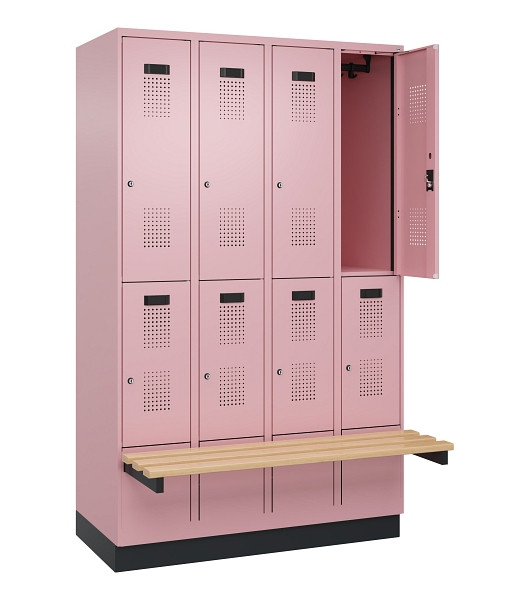 C+P Doppelstock-Spind Evolo PLUS, Bank, 8 Fächer, 1950x1200x815mm, 3015/3015, Zylinderschloss, Sitzfläche Buche-Hartholz, mit Sockel, 049340-40 S10051