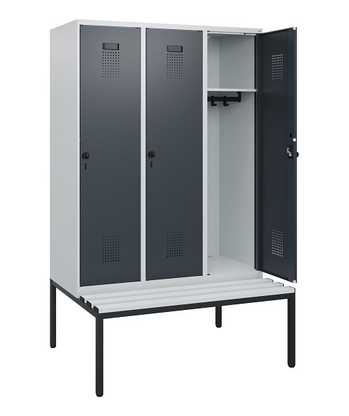 C+P Spind Evolo PLUS, 3 Abteile, 1950x1200x815mm, 7035/7016, Drehriegel, Sitzfläche Kunststoff, Sitzbank, 0490505-32 S10066