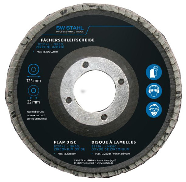 SW-Stahl Fächerschleifscheibe, Zirkoniumoxid, 125 mm, NK60, VE: 10 Stück, 82314L