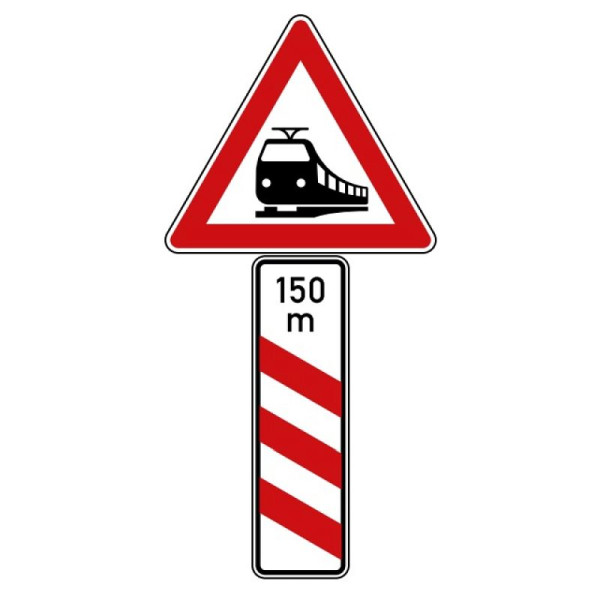 Stein HGS Bahnübergang mit dreistreifiger, 630 mm /Flachform/3mm/RA1, mit Entfernungsangabe (Aufstellung links), 156-21-113