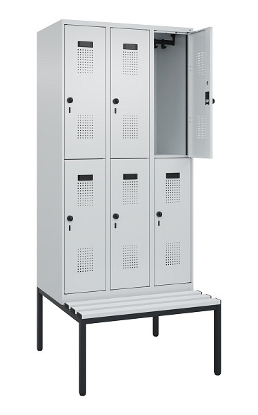 C+P Doppelstock-Spind Evolo PLUS, Bank, 6 Fächer, 2120x900x815mm, 7035/7035, Drehriegel, Sitzfläche Kunststoff, Sitzbank, 0493507-30 S10094