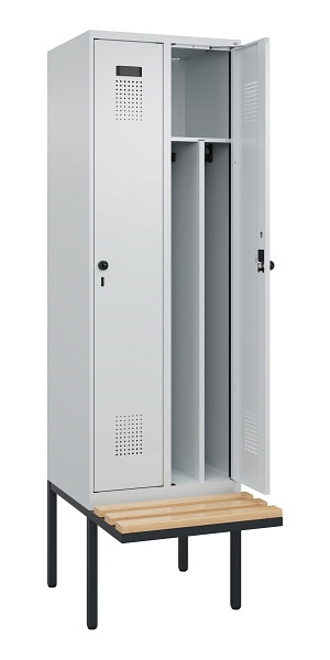 C+P Spind Evolo PLUS, 2 Abteile, 2120x600x815mm, 7035/7035, Drehriegel, Sitzfläche Holz, 0490407-20F S10013