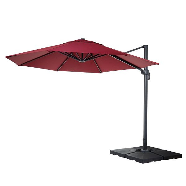 Mendler Gastronomie-Ampelschirm HWC-A96, Sonnenschirm, rund Ø 4m Polyester/Alu 27kg, bordeaux mit Ständer, drehbar, 138555+35661+122472