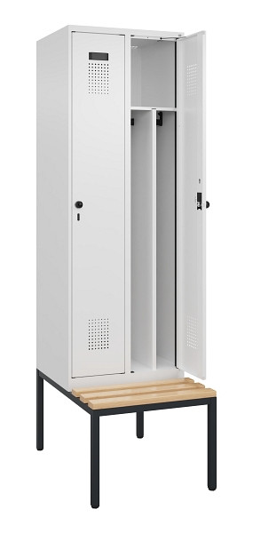 C+P Spind Evolo PLUS, 2 Abteile, 2120x600x815mm, 9016/9016, Drehriegel, Sitzfläche Buche-Hartholz, Sitzbank, 0490507-20F S10020