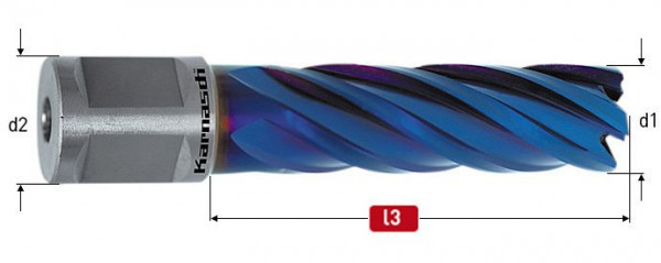 Karnasch Pulverstahl+DURABLUE-beschichteter Kernbohrer, Weldonschaft 19mm, Nutzlänge 55mm, Blue-Line55PRO / Blue-Line-Rail 55PRO d=31mm, 201317031