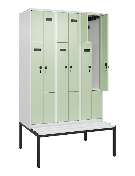 C+P Z-Spind Evolo PLUS, Bank, 6 Fächer, 2120x1200x815mm, 9016/6019, Drehriegel, Sitzfläche Kunststoff, Sitzbank, 0490537-326 S10073