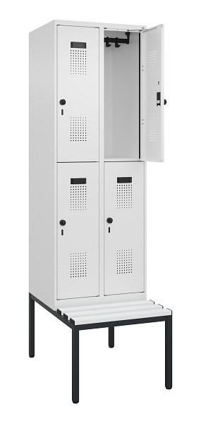 C+P Doppelstock-Spind Evolo PLUS, Bank, 4 Fächer, 2120x600x815mm, 9016/9016, Drehriegel, Sitzfläche Kunststoff, Sitzbank, 0493507-20 S10101