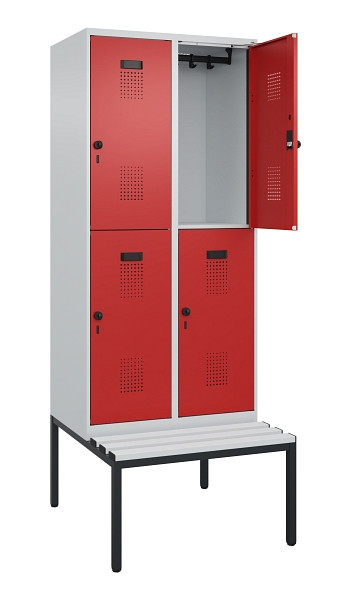 C+P Doppelstock-Spind Evolo PLUS, Bank, 4 Fächer, 2120x800x815mm, 7035/3000, Drehriegel, Sitzfläche Kunststoff, Sitzbank, 0493507-22 S10084