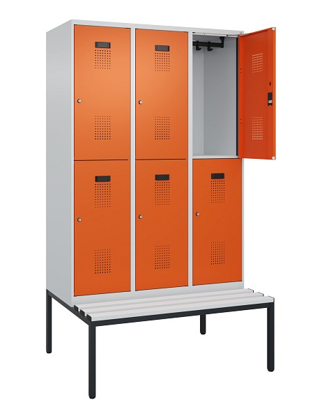 C+P Doppelstock-Spind Evolo PLUS, Bank, 6 Fächer, 2120x1200x815mm, 7035/2004, Zylinderschloss, Sitzfläche Kunststoff, Sitzbank, 0493507-32 S10110