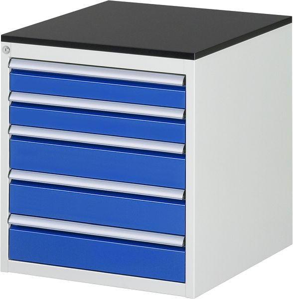 RAU Schubladenschrank Serie 7000, B580 x T650 x H640 mm, 5 x Schublade-Größe-L 2xH90, 3xH120 mm, Arbeitsplatte mit Melaminharzbeschichtung, 03-L3.20A-M.11