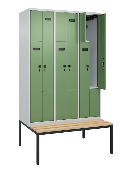 C+P Z-Spind Evolo PLUS, Bank, 6 Fächer, 2120x1200x815mm, 7035/6011, Drehriegel, Sitzfläche Buche-Hartholz, Sitzbank, 0490537-326 S10002