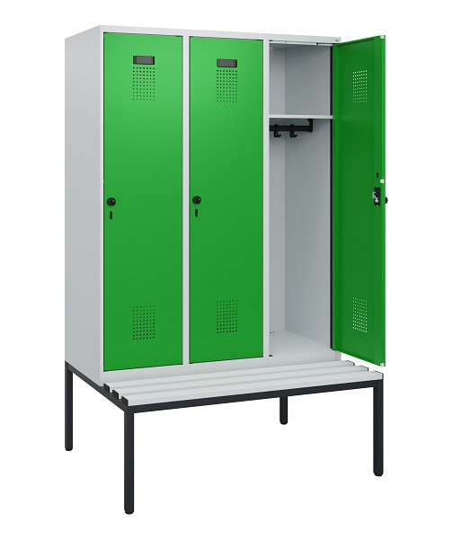 C+P Spind Evolo PLUS, 3 Abteile, 1950x1200x815mm, 7035/6037, Drehriegel, Sitzfläche Kunststoff, Sitzbank, 0490505-32 S10065