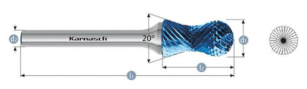 Karnasch Hartmetall-Frässtift Blue-Tec beschichtet d1= 12,0 / l2= 25 / d2= 6 / l1= 70mm Combi+Curve, 116022100