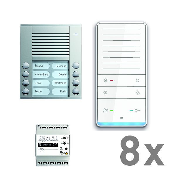 TCS Türkontrollsystem audio:pack AP für 8 Wohneinheiten, mit Außenstation PES 8 Klingeltasten, 8x Freisprecher ISW5031, Steuergerät BVS20, PAAF082/001