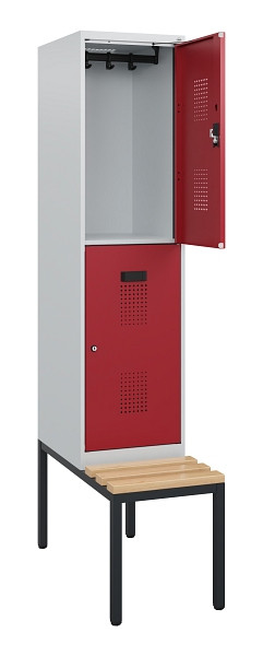 C+P Doppelstöckiger Spind Evolo PLUS, Bank, 2 Fächer, 1950x400x815mm, 7035/3003, Zylinderschloss, Sitzfläche Buche-Hartholz, Sitzbank, 0493505-12 S10026