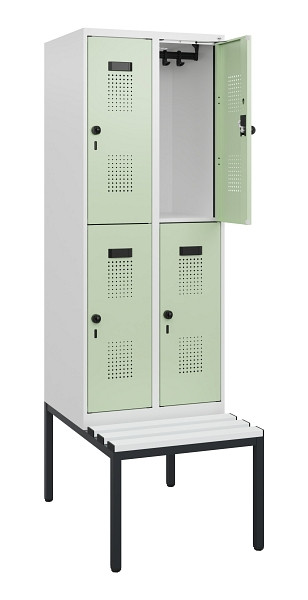 C+P Doppelstöckiger Spind Evolo PLUS, Bank, 4 Fächer, 1950x600x815mm, 9016/6019, Drehriegel, Sitzfläche Kunststoff, Sitzbank, 0493505-20 S10118
