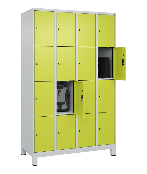 C+P Schließfachschrank Evolo PLUS, mit Füßen, 16 Fächer, 1950x1200x500mm, 7035/1108060 RDS Clowngrün, 049010-404 S10015