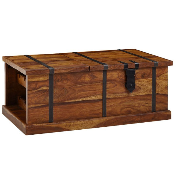 Wohnling Couchtisch 100 x 60 x 40 cm Sheesham Massivholz Truhentisch mit Weinregal, Design Wohnzimmertisch mit Stauraum, Modern, WL6.565
