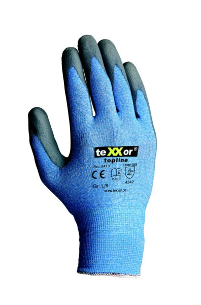 teXXor Schnittschutz-Strickhandschuhe POLYURETHAN-BESCHICHTUNG, Größe: 10, Farbe: grau/hellblau meliert, VE: 240 Paar, 2419-10