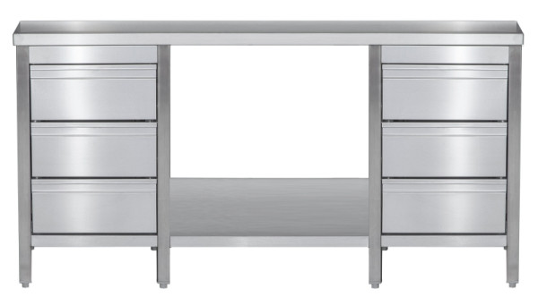 A&S Gastro Edelstahl Arbeitstisch mit Schubladenblock links & rechts verschweißt, Tiefe 800mm, mit Grundboden, AISI 304, 1200 x 800 x 850 mm, ARTGSLR128