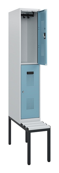 C+P Doppelstöckiger Spind Evolo PLUS, Bank, 2 Fächer, 1950x300x815mm, 7035/0010, Zylinderschloss, Sitzfläche Kunststoff, Sitzbank, 0493505-10 S10144