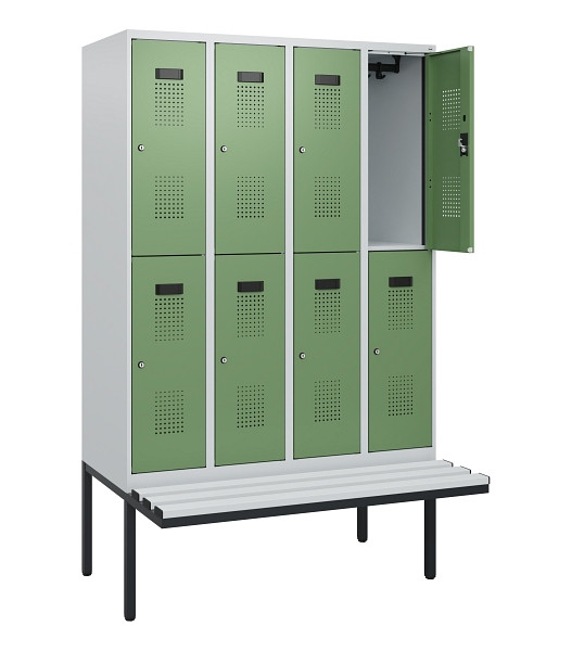 C+P Doppelstock-Spind Evolo PLUS, Bank, 8 Fächer, 1950x1200x815mm, 7035/6011, Zylinderschloss, Sitzfläche Kunststoff, 0493405-40 S10145