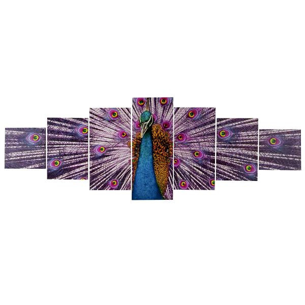 Mendler Leinwandbild T375 XL, Wandbild Keilrahmenbild Kunstdruck, 7-teilig 245x87cm, Pfau, 39161