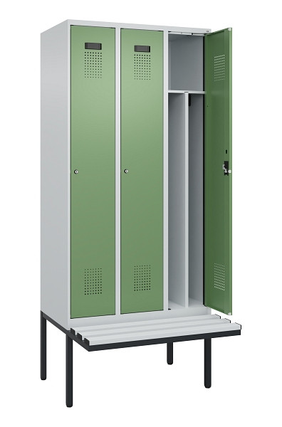 C+P Spind Evolo PLUS, 3 Abteile, 2120x900x815mm, 7035/6011, Haken 4, Zylinderschloss, Material Sitzfläche Kunststoff, 0490407-30F S10091