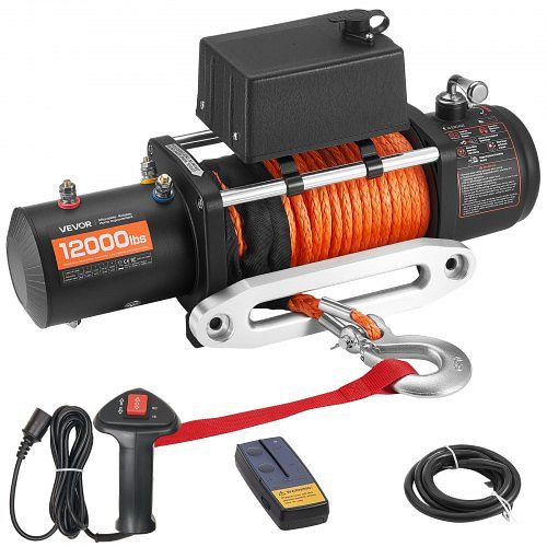 VEVOR Elektrische Seilwinde 5400 kg, 12V DC mit 9,1mm x 23m Synthetikseil, kabelloser & kabelgebundener Fernbedienung, IP55, HCSDDJP120000Z8JO001V9