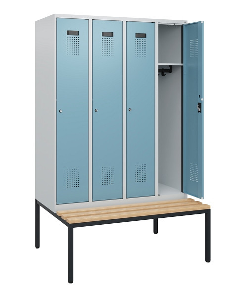C+P Spind Evolo PLUS, 4 Abteile, 1950x1200x815mm, 7035/0010, Zylinderschloss, Sitzfläche Buche-Hartholz, Sitzbank, 0490505-40 S10035