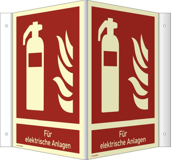 Moedel Winkelschild Feuerl.(für elektrische Anlagen) ISO 7010, Kunstoff, nachleuchtend, 160-mcd, 200x250 mm, 93832
