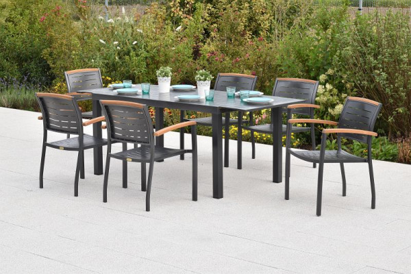 Merxx Tinos Set 7-teilig, 6 Tinos Stapelsessel, 1 Ausziehtisch, 150 (200) x 90 cm, Tischplatte aus Aluminium, Aluminium mit FSC Akazienholz, 50986-217