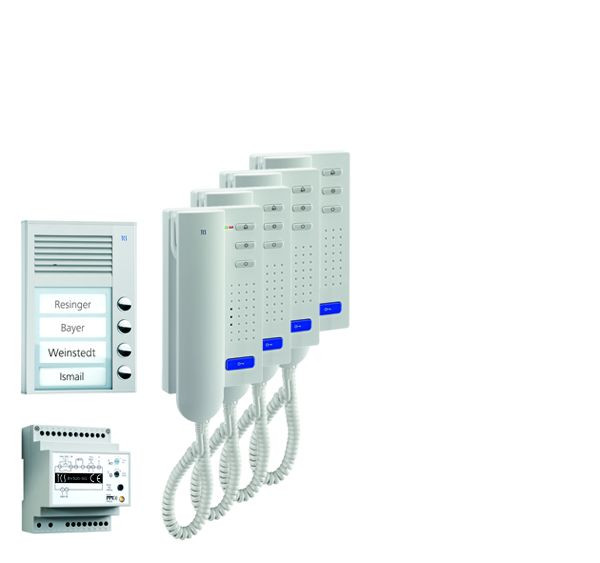 TCS Türkontrollsystem audio:pack AP für 4 Wohneinheiten, mit Außenstation PAK 4 Klingeltasten, 4x Türtelefon ISH3030, Steuergerät BVS20, PPA04-EN/02