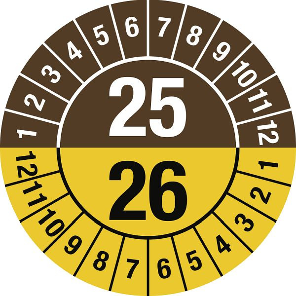 Moedel Prüfplakette 2025 - 2026 mit Monaten, Dokumentenfolie, Ø 30 mm, VE: 10 Stück/Bogen, 106307