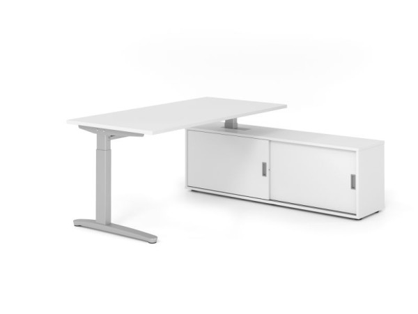 Hammerbacher Schreibtisch XB16, 160x80cm, Platte: Weiß, 25mm dick, C-Fuß Gestell Silber, höheneinstellbar, Weiß / Weiß, VXBE16SB/W/S/W/W