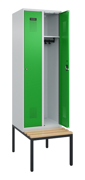 C+P Spind Evolo PLUS, 2 Abteil, 2120x600x815mm, 7035/6037, Zylinderschloss, Sitzfläche Buche-Hartholz, Sitzbank, 0490507-20 S10038